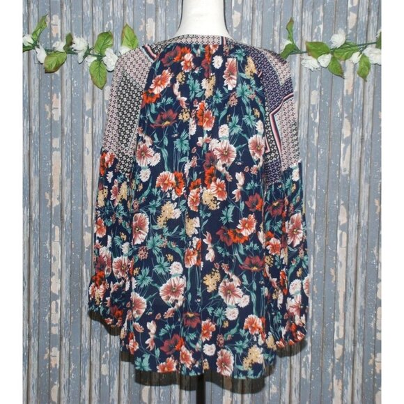 Jodifl Boho Blue Floral Blouse Top Size S V-Neck Long Bubble Sleeves Oversized - Picture 5 of 8